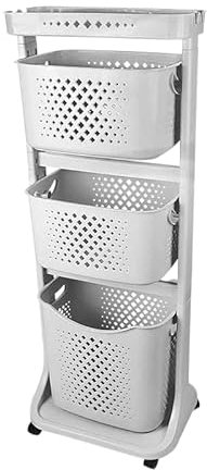 Wäschekorb 3 Fächer Wäschekorbwagen mehrstöckig Kunststoff Wäschekorb mit Rollen Laundry Basket Kunststoffkorb für Wäsche Wäschebox Wäschesammler Aufbewahrung hellgrau