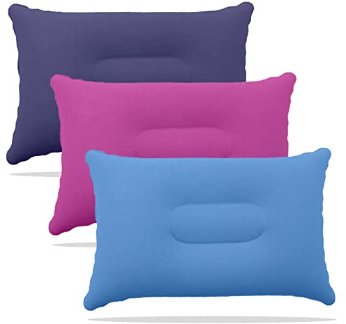 Peixiong 3 PCS Camping Pillows Ultralight Inflatable Pillow Small Squared Flocked Fabric for Hiking,Camping,Traveling,Napping,Desk Rest,Neck &Lumbar Support(Purple,Pink,Blue)