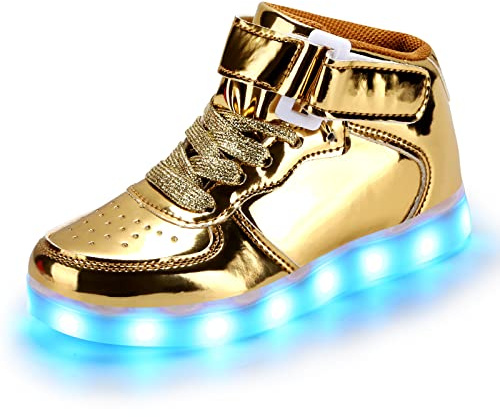 PADGENE Scarpe Bambini Ragazzo Ragazza Basket LED Luminoso 7 Colori Lampeggianti USB Ricaricabile Sicurezza Moda Top Size, Oro classico, 33 EU