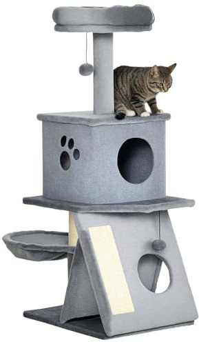 PawHut Árbol Rascador para Gatos Altura 111 cm Torre para Gatos con Cama Cueva Hamaca Bola Colgante Postes y Rampa de Sisal 50x40x111 cm Gris
