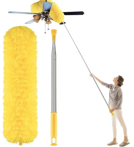 Newliton - Spolverino per la pulizia di ventilatori a soffitto alto, in microfibra, con asta telescopica da 76 cm a 250 cm, lungo allungabile per casa, auto, mobili, ragnatela, giallo