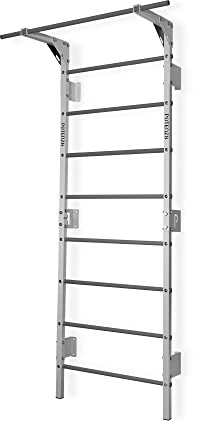Potenza Spalliera Svedese in Acciaio con Barra per Trazioni – Scala da Ginnastica 230x81 cm per Casa e Palestra, Portata 250 kg, Home Gym Multifunzione (Bianco-Grigio - con Barra)