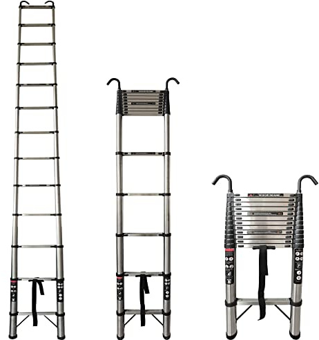Teleskopleiter 5m Edelstahl klappleiter mit 2 Haken, Klappbar Rutschfester Aluleiter Mehrzweckleiter Sprossenleiter Faltbar Schiebeleiter, max 150 kg Belastbarkeit, Silber