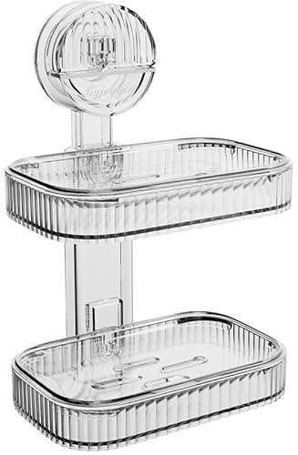 Porte Savon Douche, Boite a Savon, Porte Savon Mural, Porte Savon Ventouse, Porte Savon Douche sans Perçage, Réutilisable, Convient à la Cuisine, à la Salle de Bain (Transparent 2-Layer)
