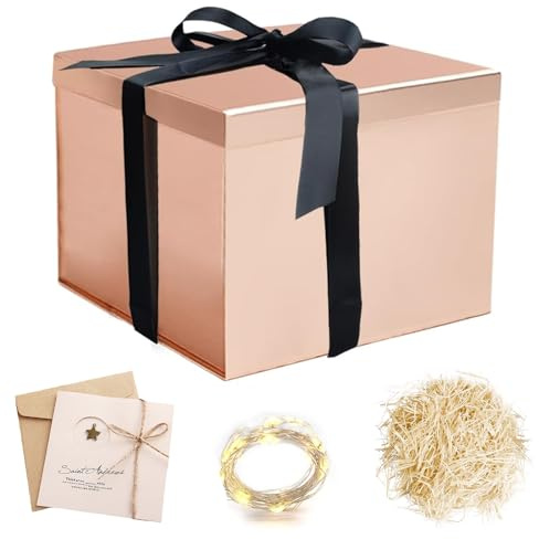 Regalo de Reutilizable Creative Box,Cajas Decorativa de Embalaje de Regalo,Caja de Regalos Premium+Luz Led+Sobres+Rafia,para Embalaje de Regalos de Bodas Y Cumpleaños,23x23x18cm.