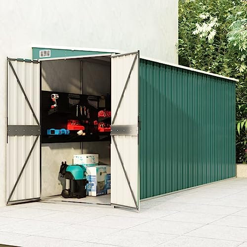 Hovothy Gerätehaus 118x382x178 cm Wand-Geräteschuppen Gartenschrank Wetterfest Geräteschuppen Gartenhaus Metall Fahrradunterstand Holzlager Hütte Grün