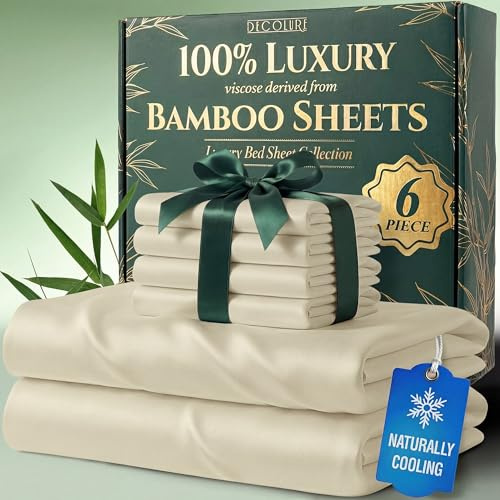 DECOLURE 100% Viscose Derived from Bamboo Sheets Queen Size - Luxury 6 Pc Naturally Cooling Sheets, Ultra Soft Bed Set - Deep 17 Pockets, Durable Double Stitching, Oeko Tex Standard (Creme)