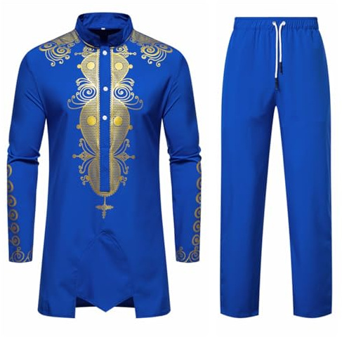 Ensemble imprimé doré pour homme 2 pièces - Chemises tuniques traditionnelles à manches longues et pantalons à taille élastique avec cordon de serrage et poche - Ensemble costume ethnique robe