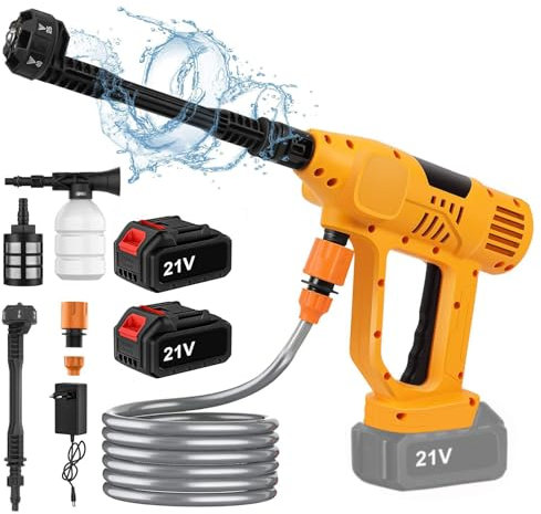 Limpiador de alta presión con batería, 21 V y 65 bar, batería portátil, con batería de 2 x 6000 mAh, indicador LED para el nivel de batería, boquillas 6 en 1, manguera de 5 m, apto para coches,