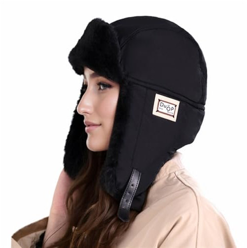 GIBZ Damen Winter Trappermütze, wasserdichte Russische Baumwoll Mütze, Winddichte Fliegermütze mit Ohrenklappen, Schwarz
