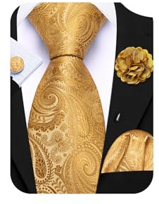 Barry.Wang Gold Tie 63 Paisley Silk Ties Set Pocket Square Cufflinks and Lapel Pin Extra Long Necktie Wedding Party