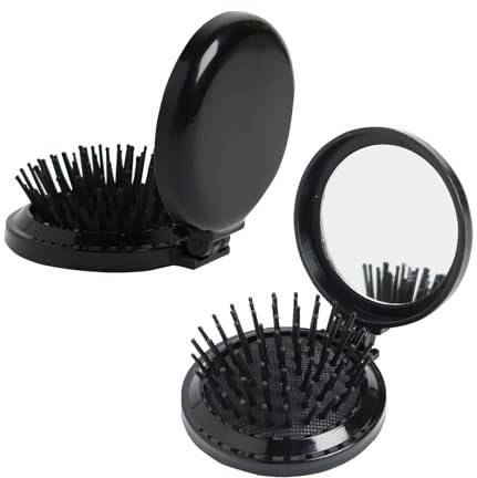 2 Pack Hair Brush with Mirror, Round Folding Pocket Travel Mini Boar Bristle Hair brushes, Compact Travel Size Hair Massage Comb Portable Hair Styling Tools for Men Women and Girls (Black）