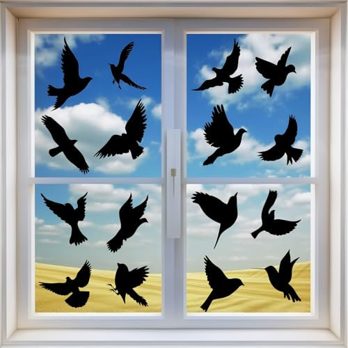 TenaLucy 16 Stück Fensteraufkleber Vogelschutz,Vogelaufkleber für Fensterscheiben Vogelschutz Aufkleber Vogelschutz Fenster Vögel Fenster Aufkleber Schutz vor Vogelschlag PVC Fensterbilder (Schwarz)