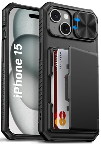 Vihibii for iPhone 15/iPhone 14/iPhone 13 Case with Card Holder (4 Cards) [RFID Blocking] & Slide Camera Cover, Military Grade Drop Protection, Rugged Hard Back & Silicone Edge Phone Case, 6.1, Black