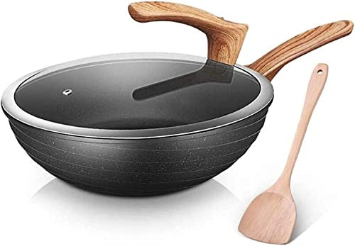 SJHDHDA Wok Nonstick R Safe Scratch Induction Free Induction Woks y Sucty Frey con Tapa de Vidrio (tamaño: 30 cm) Learned extensively