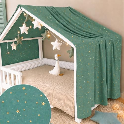 YellowNest Hausbett Himmel - 100% Baumwolle - Betthimmel Hausbett aus für Bett 70x140 cm & 80x160 cm - Mit Wimpelkette Kinderzimmer Stern (Eucalyptus Wimpelkette Stern, 130 x 320 cm)