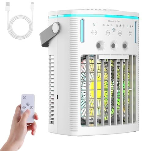 MREGLHUI Mini Aire Acondicionado Portatil Silencioso,Aire Acondicionado Portatil,4 en 1,Enfriador de Aire,3 Velocidades,3 Modos de Pulverización,LED de 7 Colores,1000ml,Mando a Distancia,Blanca,7in