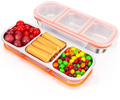 Musiwanna 2Pcs Stainless Steel Snack Container with 3 Compartments 600ml, Metal Snack Box with Leakproof Lid, Three Divided Small Lunch Box, Microwave&Dishwasher Safe Bento Box for Plane School Work