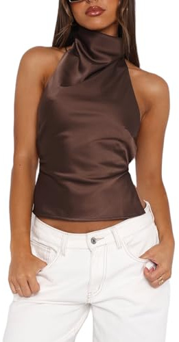 Womens Mock Neck Satin Tank Tops Backless Silk Halter Top Sexy Open Back Sleeveless Crop Tank Top Dressy Casual (Dark Brown, M)