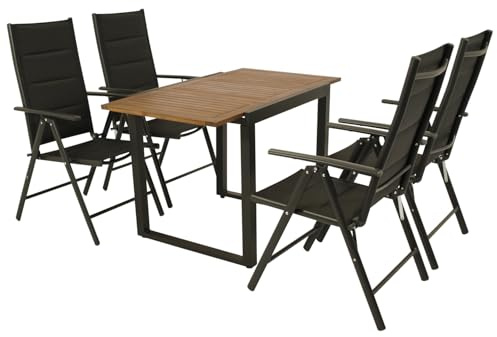 DEGAMO Gartengarnitur RIVELLO 5-teilig, 4X Hochlehner Klappsessel anthrazit und 1x Ausziehtisch Aluminium mit Tischplatte Akazie 80/120x70cm, Outdoor, Moderne Optik