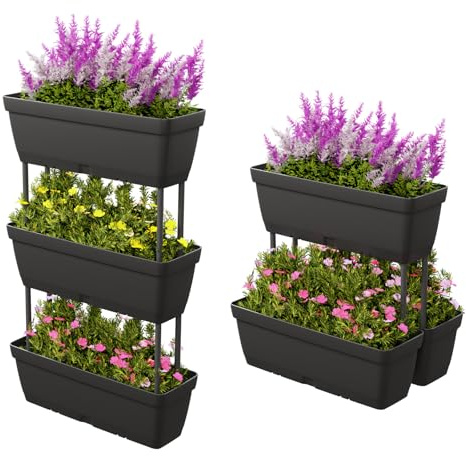 COSTWAY 6 blomlådor, gör-det-själv-design, 49 cm långa, planteringslådor med dränering, vertikal upphöjd, trädgård och terrass balkong, blomkrukor av plast (svart)