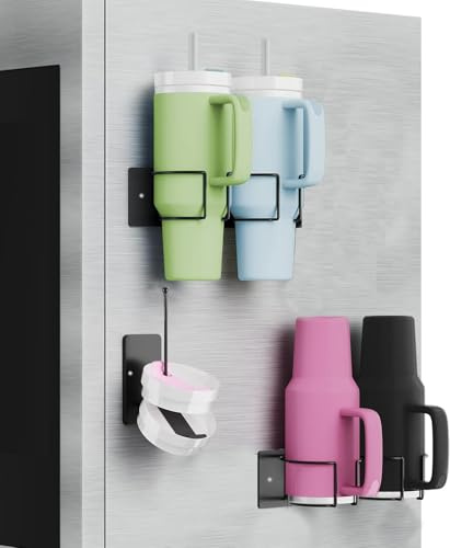 Stanley Cup Halterung Magnetisch 4 Becher Zubehör Regal Schwarz Edelstahl | Stanley Cup Storage mit Deckel Organizer für Tassenhalter Wand, Ordnung an Kühlschrank Metallflächen in Küche platzsparend