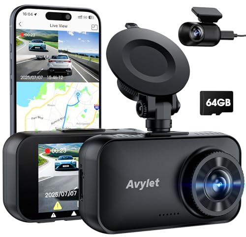 Avylet 4K/2.5K+1080P Dash Cam Front and Rear, 5G WiFi APP Dash Camera for Cars with 64GB Card, ADAS Lane Assist, 2.7”IPS Screen, Parking Mode, External GPS Module, Night Vision, G-Sensor