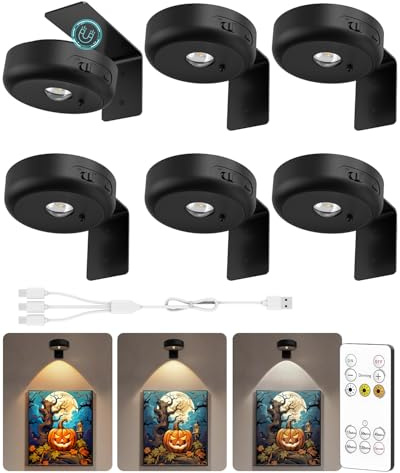 GOODEA Bilderleuchte Kabellos 2200mAh Aufladbar LED Spot Akku mit Fernbedienung und Timer- 3 Farben Dimmbar Bildbeleuchtung Kabellos Licht für Wand Bild Vitrinen Halloween Beleuchtung, 6er Set