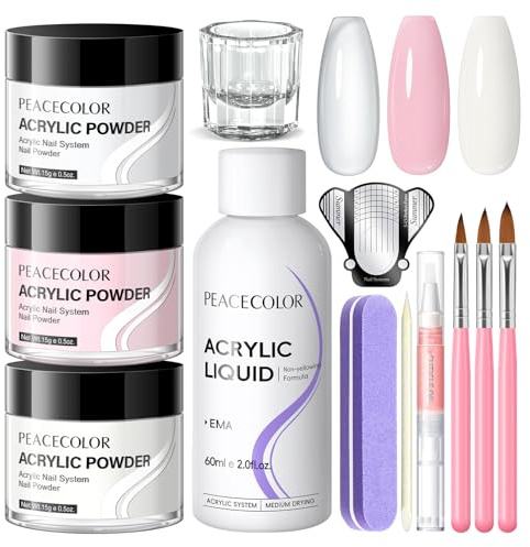 PEACECOLOR Acrylic Nail Kit: 15g×3 Colors Clear Pink White Acrylic Powder and Liquid Set with 3PCS Acrylic Nail Brush Nail Powder for Quick Application Nail Extension Home Salon