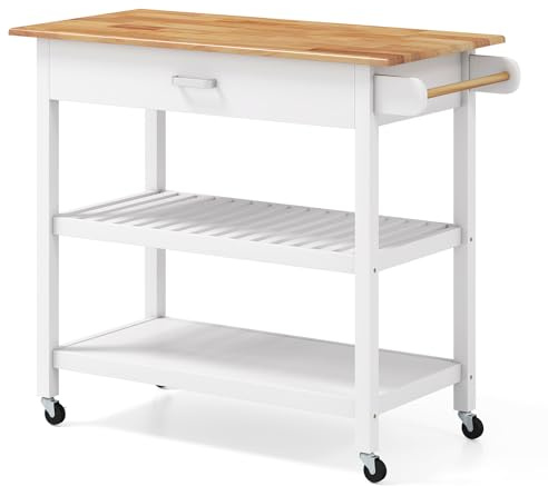 COSTWAY Kitchen Island Cart, 3-Tier Rolling Storage Trolley with Drawers, Lockable Wheels & Side Handle, Mobile Utility Storage Cabinet (106 x 50 x 89cm, White, Rubber Wood Countertop)