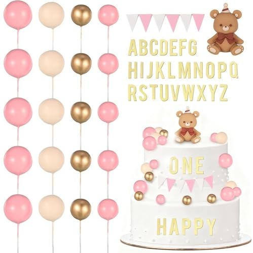 Decoración para Tartas de Osos, 22 Piezas Rosa y Dorado Cake Topper con Guirnalda y Bolitas para Cumpleaños Infantil, Baby Shower, Bautizo - Set Reutilizable