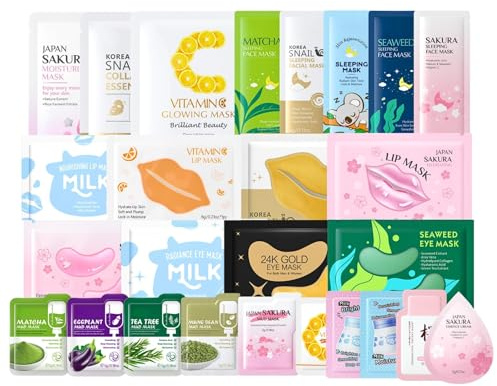 26 Stück Korean Skincare Set mit Gesichtsmasken & Gesichtskuren, Feuchtigkeits-Gesichtsmaske, Collagen Maske, Augenpads, Lippenpflege für Geschenke zum Muttertag,Hydratation und Sanfte Inhaltsstoffe