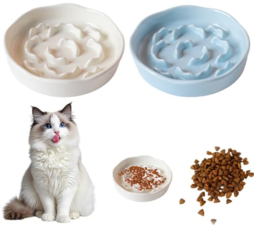 Hunwutef Keramik Anti Schling Napf Katze, Katzennäpfe in Pastellfarben, 2 Stück Slow Feeder Katze aus Melamin, Antischlingnapf Hunde Keramik, Slow Feeder für Katzen und Kleine Hunde, Spülmaschinenfest