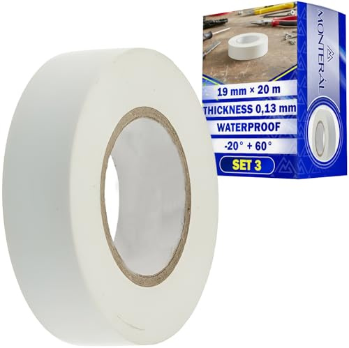 MONTERAL 3 Piezas Cinta Aislante Blanca 19 mm x 20 m Espesor 0,13 mm - Cinta Aislante Colores para Trabajos Profesionales y Codificación por Colores - Fabricada en Cloruro de Polivinilo PVC