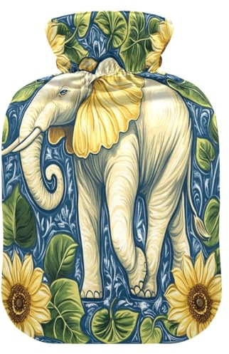 Hand-Painted Art Elephants Painting hot Water Bottles with Soft Cover, 1L Water Bags for Hand Feet Warmer, Hand Feet Warmer