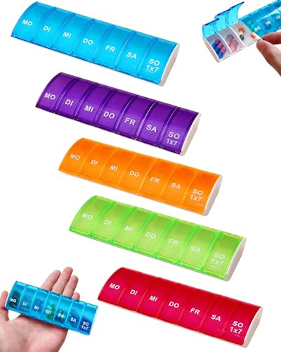 Fonyiunce 5 Pièces Pilulier 7 Jours, 7 Compartiments, Semainier Medicament de Grande Capacité, Boîte à Pilules Facile à Ouvrir, Boîte à Pilules Réutilisable, Pour Stocker Des Comprimés, Des Capsules,