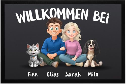 SpecialMe® Fußmatte personalisiert mit Figuren & Haustieren – Pärchen Geschenk mit Namen Hund & Katze Türmatte rutschfest & waschbar Schwarz 60x40cm