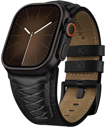 Fullmosa Lederarmband Kompatibel mit Apple Watch Ultra 3/2 49mm, 11/10 46mm | Ergonomisches Ersatzarmband für Series 9/8/7 45mm, SE/6/5/4 44mm für iWatch Herren, Schwarz