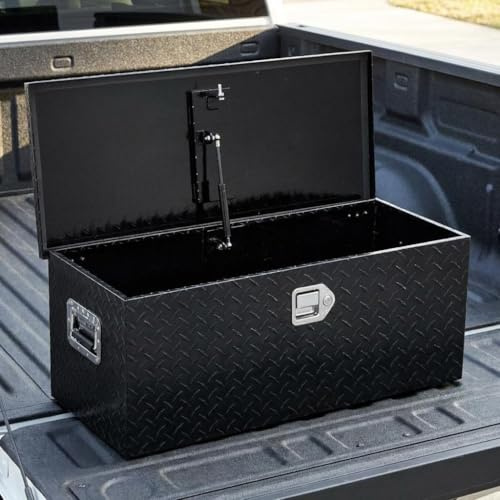 Aptliton Portable Heavy Duty Aluminum Truck Tool Box with Gas Strut & Sliding Divider, Waterproof Pickup Truck Bed Storage Box for Tools Equipment, Black