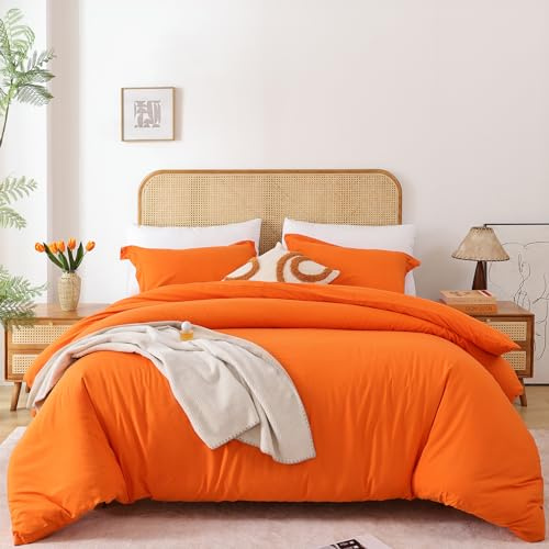 Whitney Home Textile Orange Duvet Cover Set Queen Size - 3 Piece Luxury Soft Cooling Duvet Cover with Zipper Closure and Pillow Sham, Breathable Washed Brushed Microfiber, Comforter Not Included