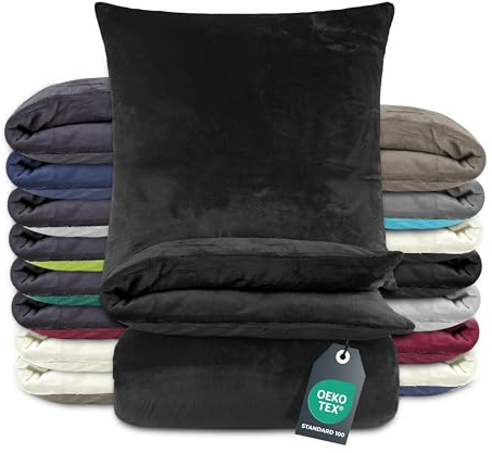 BaSaTex Winter Plüsch Bettwäsche Set, 135x200 cm, Schwarz | Warm und Kuschelig, Öko_Tex Zertifiziert, Reißverschluss, Flauschig Anschmiegsam, Feuchtigkeitsregulierend