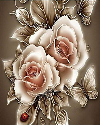 YEESAM ART DIY Ölgemälde Malen nach Zahlen Erwachsene Kinder, Golden Rose Blumen Schmetterling Marienkäfer Zahlenmalerei ab 5 Öl Wandkunst