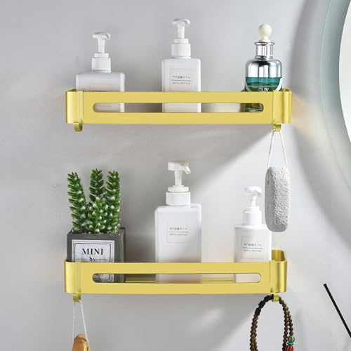 Duschablage Ohne Bohren, Duschregal Gebürstetes Gold Badezimmer Organizer mit Haken Wand Ablage fürs Bad Duschkorb, Badezimmer Regal für WC Waschraum und Dusch Raum,Aluminium Badregal(2 Stück)