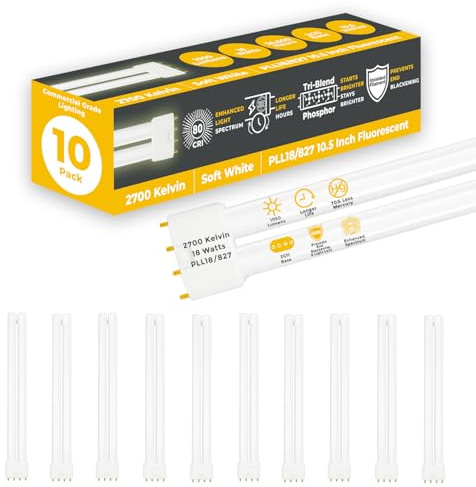 GoodBulb PLL18/827 | 18W 8.9 Twin Tube Compact Fluorescent Light Bulb | 4-pin 2G11 Base 2700K Soft White 1050 Lumen | 36000 Hour Long Life Biax | Pack of 10