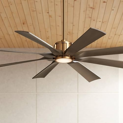 Possini Euro Design 60 Defender Modern Outdoor Ceiling Fan with Dimmable LED Light Remote Control Soft Brass Weathered Oak Blades Damp Rated for Patio Exterior House Porch Gazebo Garage Barn