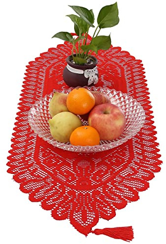 KYEYGWO Vintage Blumenmuster Spitze Tischläufer mit Quaste, Rot 88x33cm | Mittelalter Boho Tischwäsche Landhausstil Tischdecke Platzset für Esstisch Deko Hochzeit Weihnachten Party Geburtstag