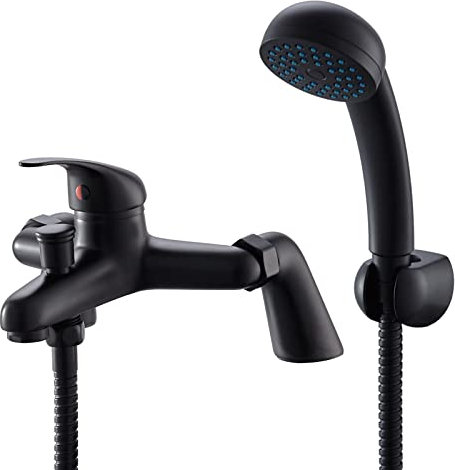 Bathroom Sink Taps with Shower Head, BATHWEST Modern Bath Tap with Shower Kit, Black Brass Single Lever Monobloc Bathroom Shower Mixer Taps 021NB
