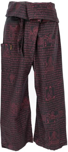 GURU SHOP Pantalon de pêcheur thaï avec impression mantra en coton tressé, pantalon de yoga, pour homme/femme, vert, taille: unique, vêtement alternatif, Noir , Taille unique