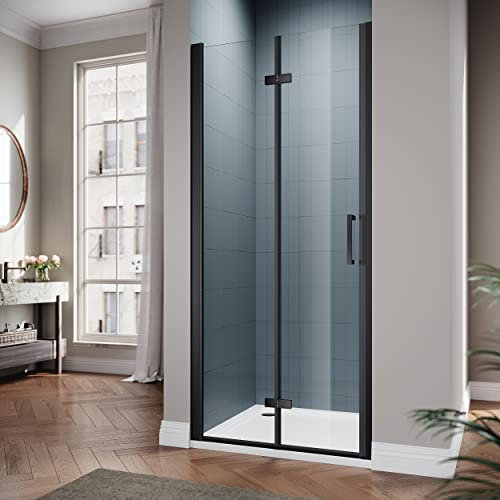 SIRHONA Porte de douche Noir Coulissante 80x195cm Porte de douche Pivotante en Verre Transparent 6mm Securit
