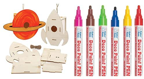 Baker Ross Sonnensystem Vogelhaus-Bastelsets aus Holz (2 Stück) und Deko-Lackstifte (Packung B) 6 Stück